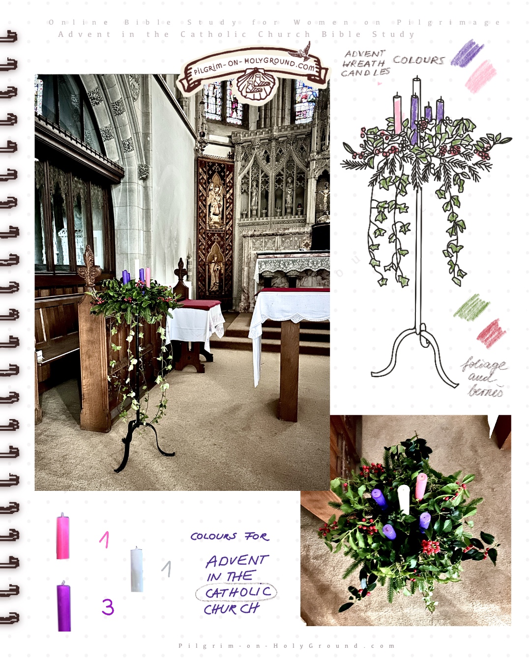 Traditional Advent in the Catholic Church Colours for Advent Wreath, Meaning of Advent Wreath Candles Symbolism, My Pilgrimage Photos from Catholic Christmas, Advent Bible Study Journaling,