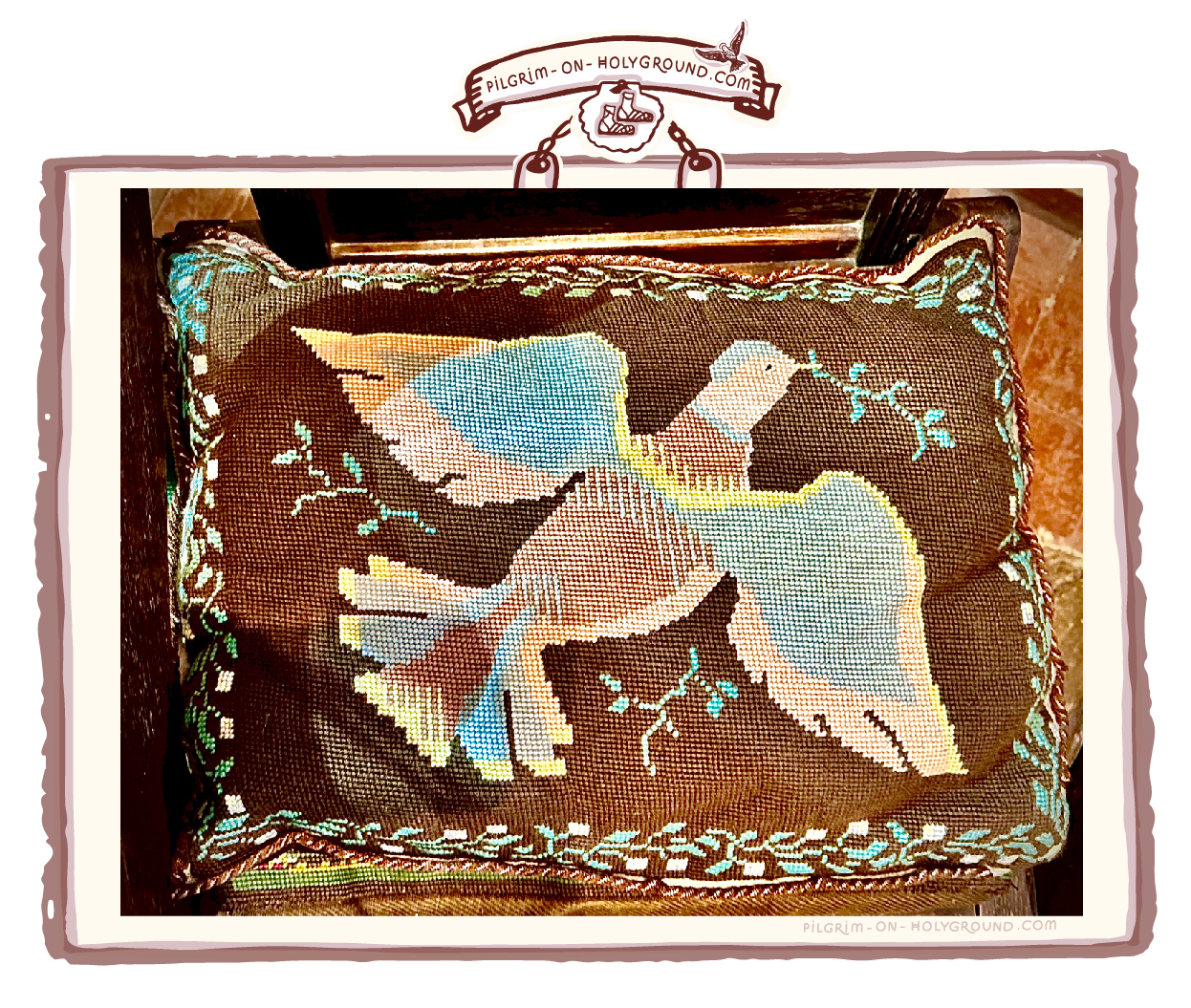 Holy Spirit Dove - church kneeler cushions design in soft tones of brown embroidery canvas and a foliage border